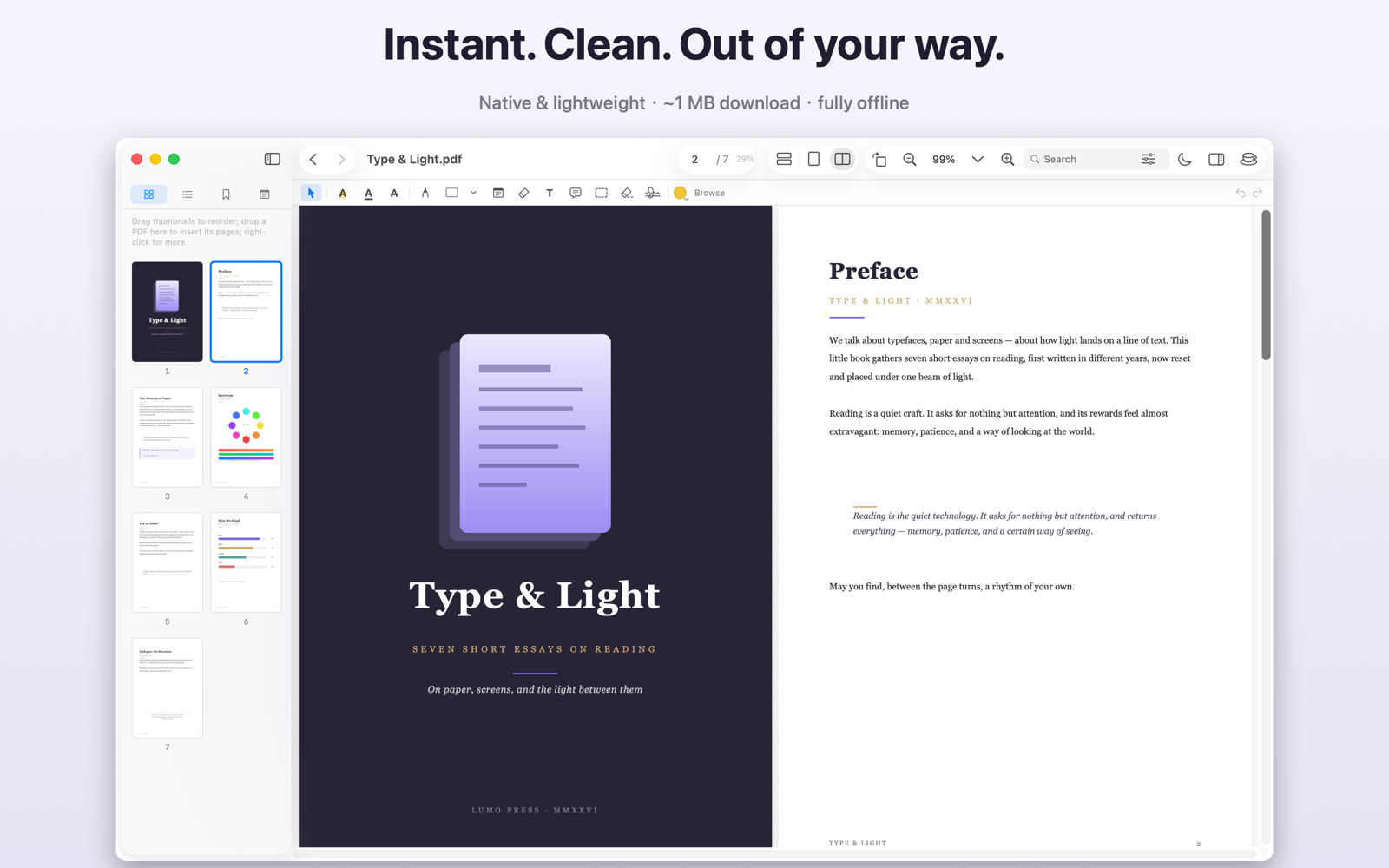 Lumo main window: two-page spread with thumbnails